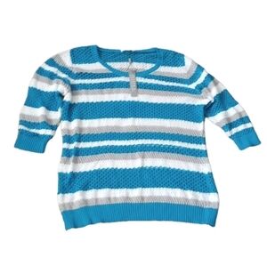 Joseph A Womens Top Sz XL Turquoise Stripes Open Knit 3/4 Sleeves Coastal Beachy